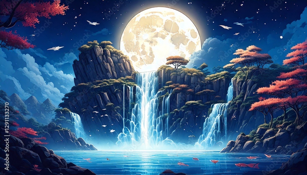 Obraz premium Celestial Cascade – A Waterfall Bathed in Moonlight.A breathtaking waterfall tumbles from a floating island, its silver waters shimmering under the soft glow of the full moon