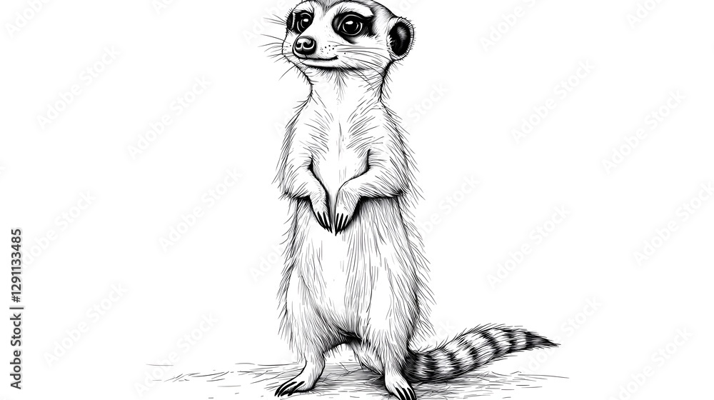 A carefully illustrated meerkat standing upright with great attention to fur and posture details captured in a striking pen and ink style that enhances the animal s curious and vigilant expression
