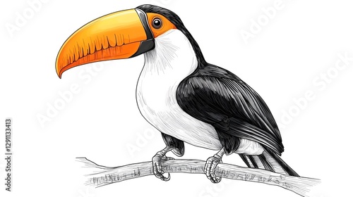 Obraz na płótnie A captivating of a toucan bird perched gracefully on a branch its beak and feathers rendered in a delicate ink engraving style with subtle shading w salonie