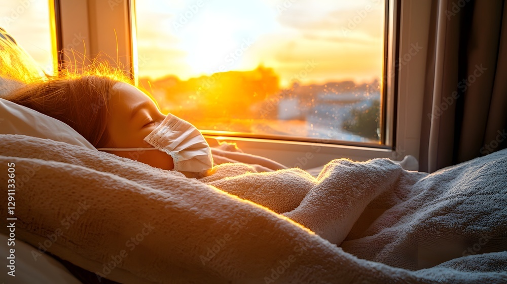 A child cocooned under a warm blanket wearing a protective face mask gazes out a window glowing with golden sunset light subtly surrounded by drifting influenza virus particles