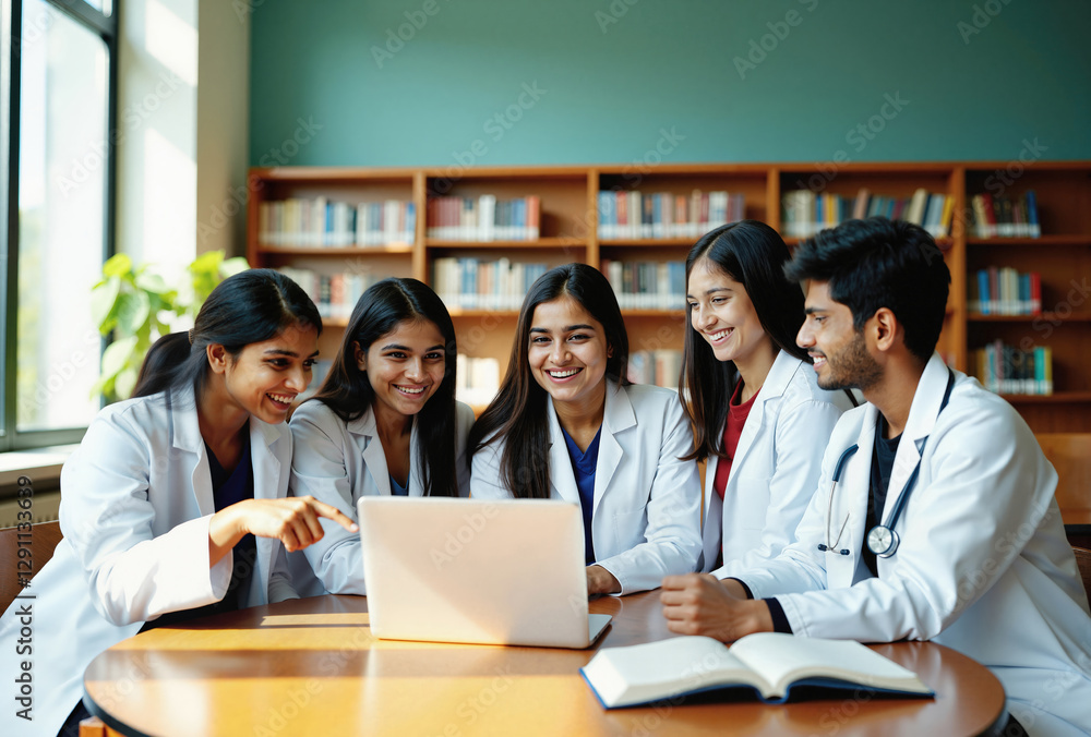 Medical Students in Library Engaged in Collaborative Study Session Medical Students in Library Engaged in Collaborative Study Session