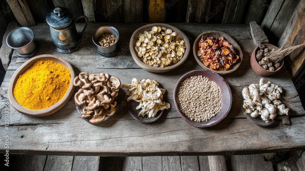 A rustic kitchen setup with a collection of adaptogenic mushroom powders and teas. A rustic kitchen setup with a collection of adaptogenic mushroom powders and teas.