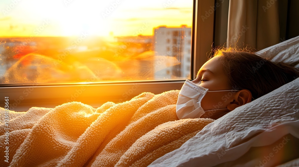 A child curled up under a cozy blanket wearing a face mask gazing out of a window glowing with golden sunset light subtly evoking a sense of rest vulnerability