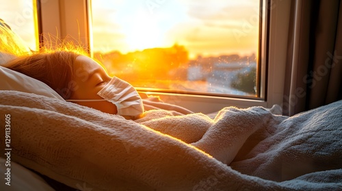 Obraz na płótnie A child cocooned under a warm blanket wearing a protective face mask gazes out a window glowing with golden sunset light subtly surrounded by drifting influenza virus particles w salonie