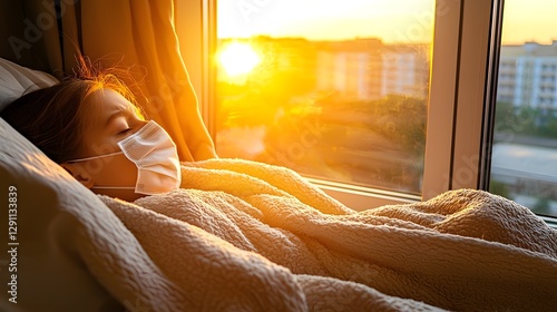Obraz na płótnie A child curled up under a warm blanket wearing a face mask gazes out of a window glowing with golden sunset light as subtle virus particles drift through the air a moody w salonie