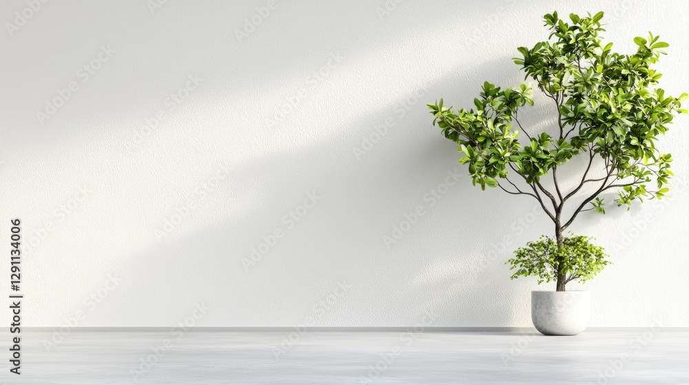 Obraz premium Minimalist room, potted tree, sunlight, interior design, website banner