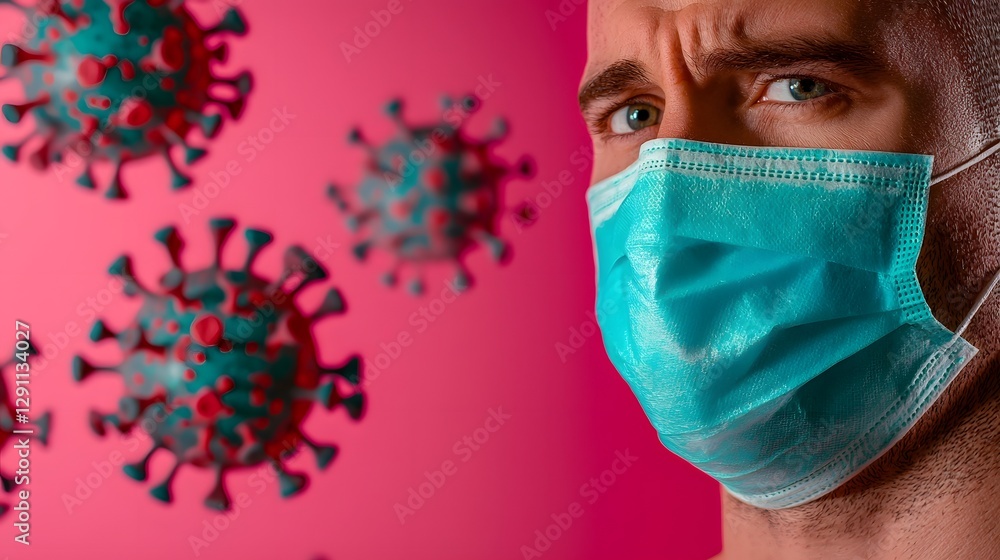 A cinematic close up portrait of a feverish patient their face partially obscured by a medical mask and surrounded by the soft glowing holograms of microscopic bacteria and viruses a moody dramatic