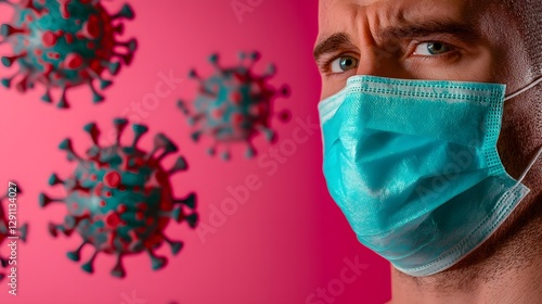 Obraz na płótnie A cinematic close up portrait of a feverish patient their face partially obscured by a medical mask and surrounded by the soft glowing holograms of microscopic bacteria and viruses a moody dramatic w salonie