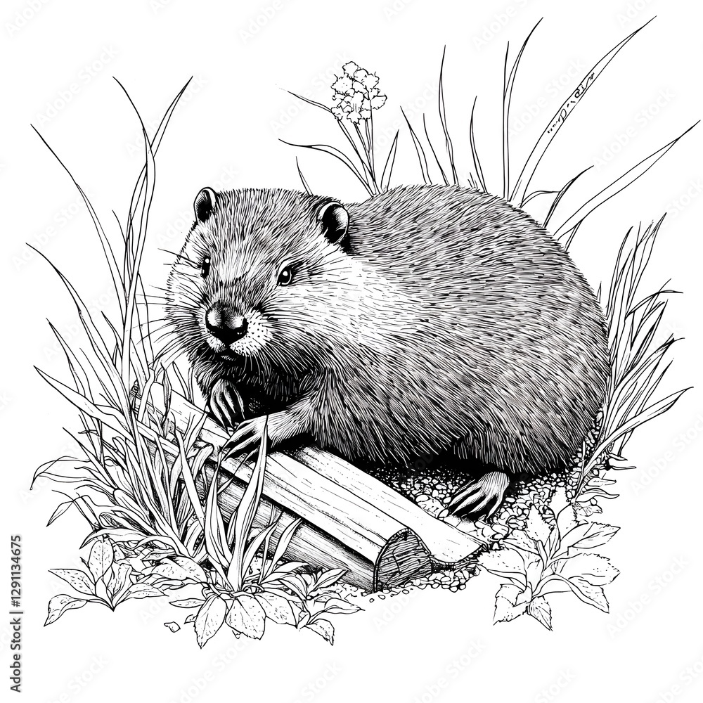 A detailed high contrast depicting an industrious beaver building a dam