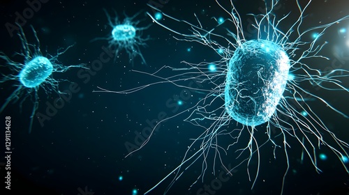 Obraz na płótnie A depicting a microscopic battle between bacilli bacteria and bacteriophages with natural light illuminating the dynamic textured scene This conceptual w salonie