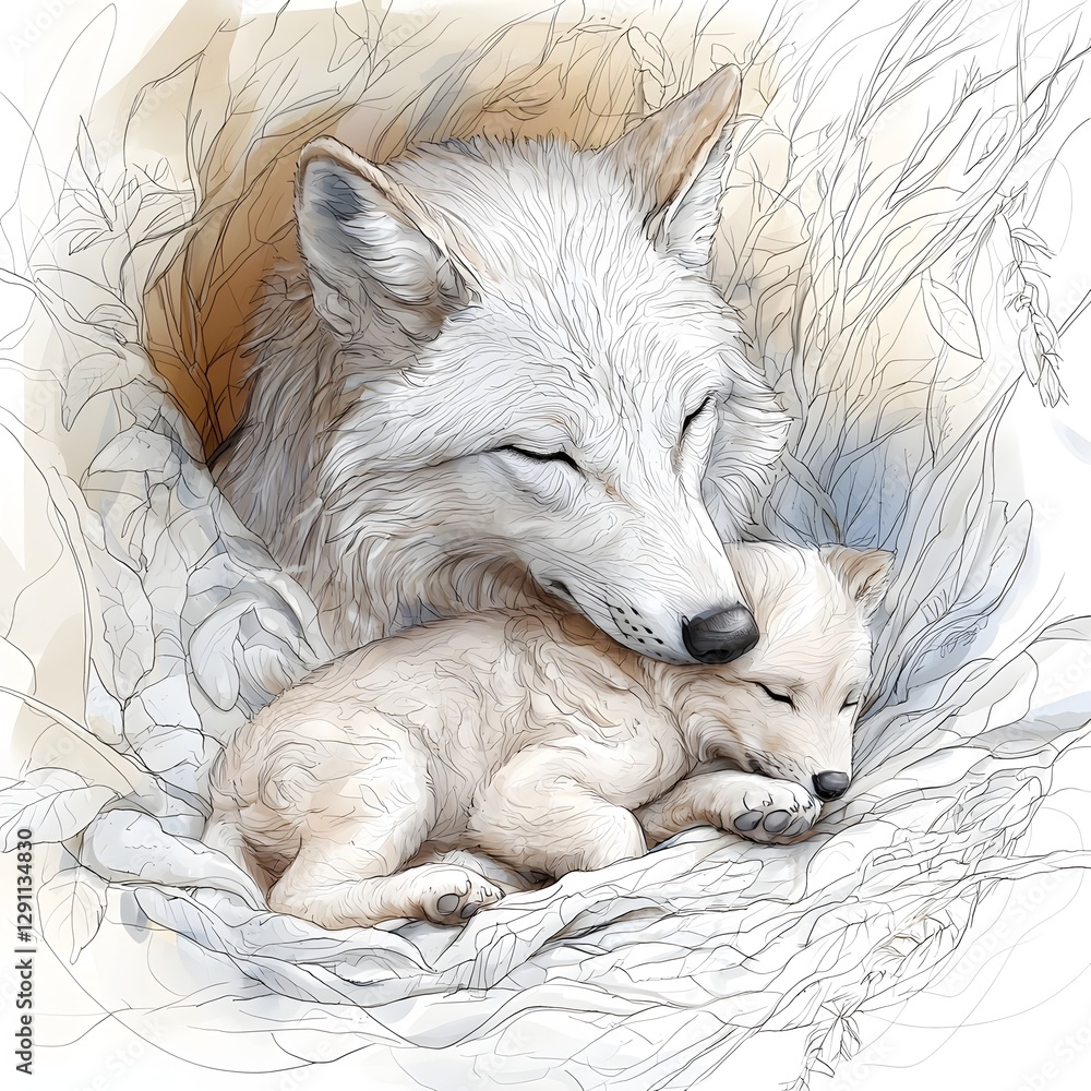 A detailed and pencil sketch depicting a mother wolf tenderly nuzzling and embracing her sleeping cub