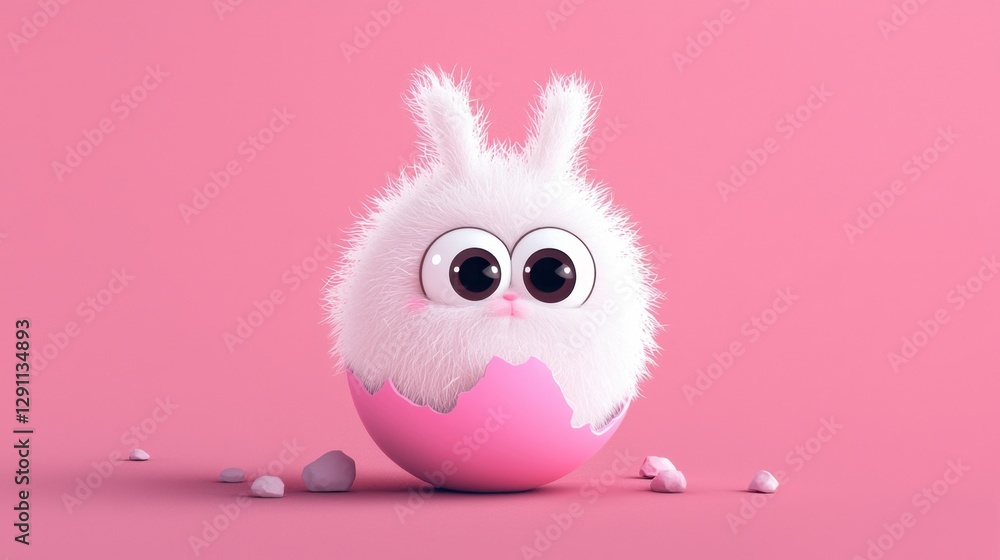 Fototapeta premium Cute fluffy bunny character emerging from a pastel pink cracked egg surrounded by small decorative stones with a soft pink background