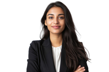 Confident young South Asian female startup founder in blazer isolated on transparent white background