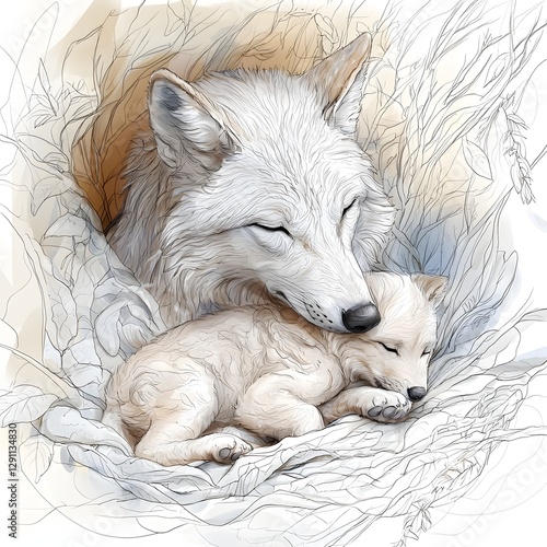 Obraz na płótnie A detailed and pencil sketch depicting a mother wolf tenderly nuzzling and embracing her sleeping cub w salonie