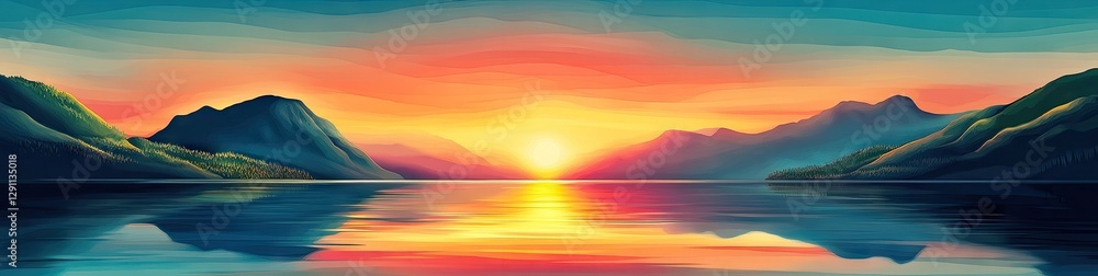 Fototapeta premium Mountain Sunset Over Lake