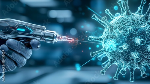 Obraz na płótnie A dramatic cinematic medium shot of a scientist in a laboratory carefully injecting a bacteriophage into a sample of cocci bacteria with soft daylight streaming in through the window in the refined w salonie