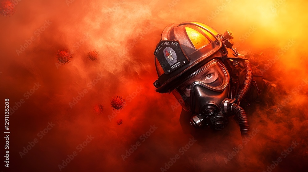 A dramatic high contrast image of a masked firefighter in protective gear standing amidst smoke filled air with influenza virus particles floating through the atmosphere at a dramatic sunset