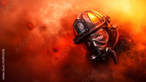 Obraz na płótnie A dramatic high contrast image of a masked firefighter in protective gear standing amidst smoke filled air with influenza virus particles floating through the atmosphere at a dramatic sunset w salonie