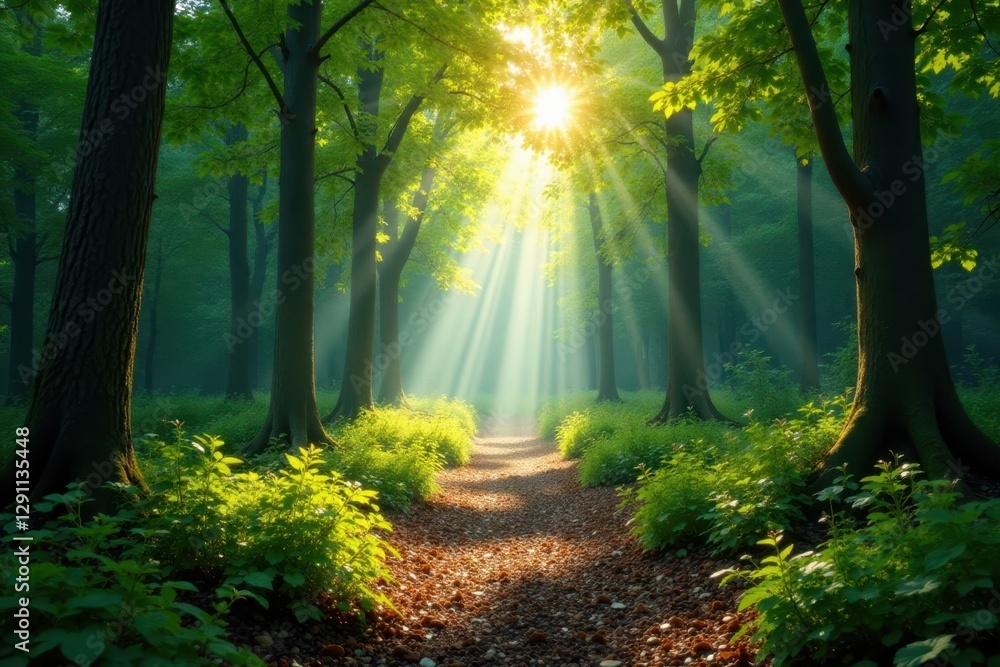 Fototapeta premium Sunbeams pierce a leafy canopy above a forest crossing, canopy, fork