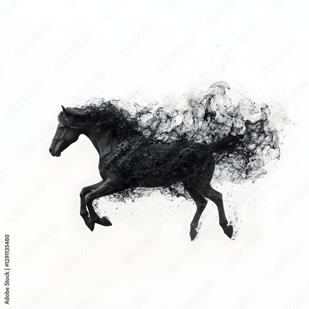 A dynamic ink splatter depicting the powerful silhouette of a wild mustang mid gallop where bold black ink strokes create an abstract expressive