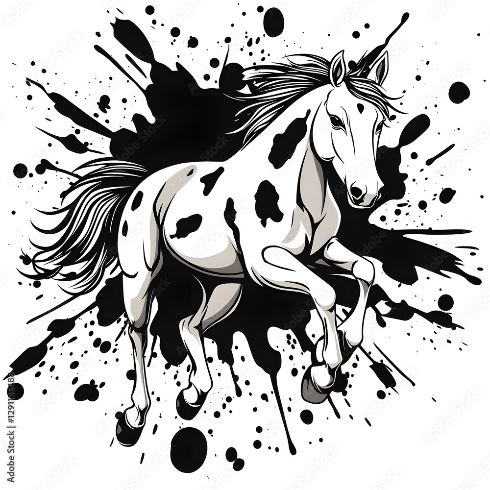 A dynamic ink splatter showcasing the powerful and graceful form of a wild mustang horse mid gallop Bold black ink strokes create an abstract expressive