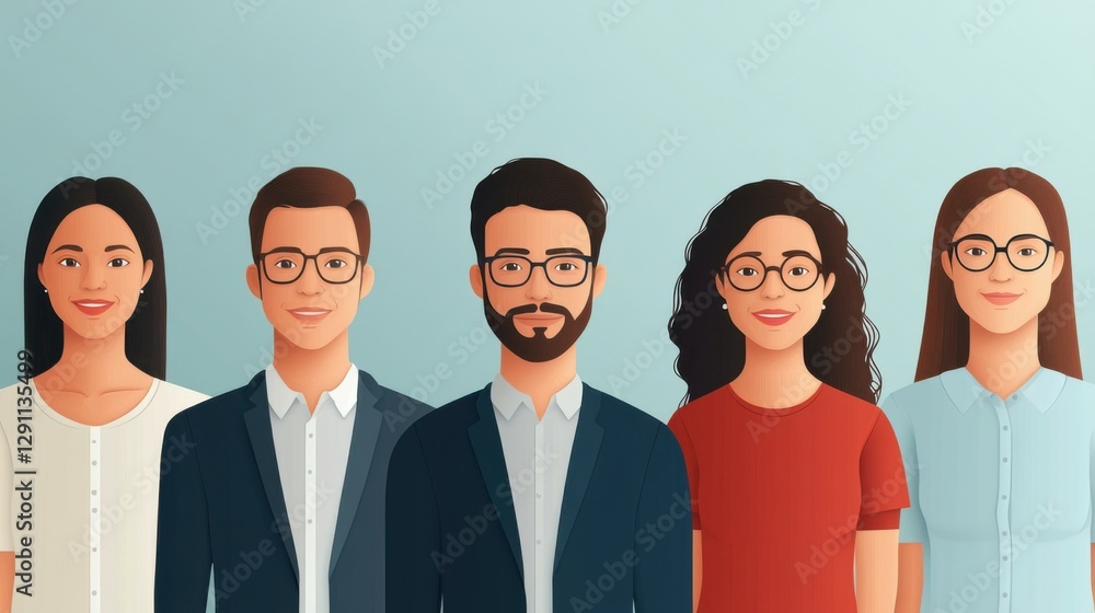 Diverse group of people standing together, showcasing modern, professional attire and friendly expressions. Generative AI Illustration Diverse group of people standing together, showcasing modern, professional attire and friendly expressions. Generative AI Illustration