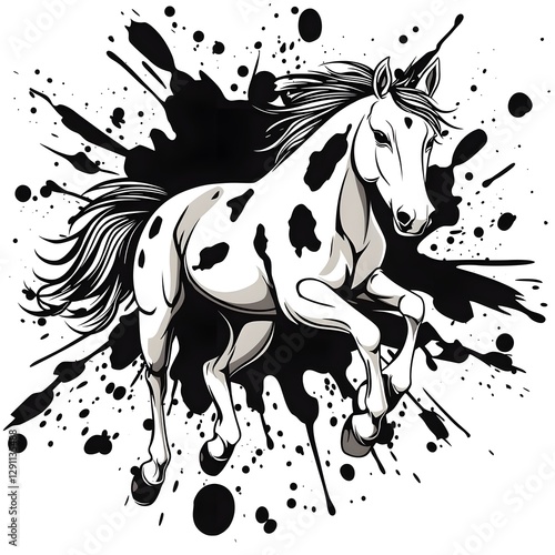 Obraz na płótnie A dynamic ink splatter showcasing the powerful and graceful form of a wild mustang horse mid gallop Bold black ink strokes create an abstract expressive w salonie