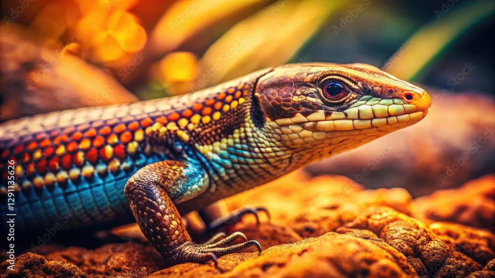 Fototapeta premium A weathered photo reveals a multi-striped skink, a Scincidae lizard.