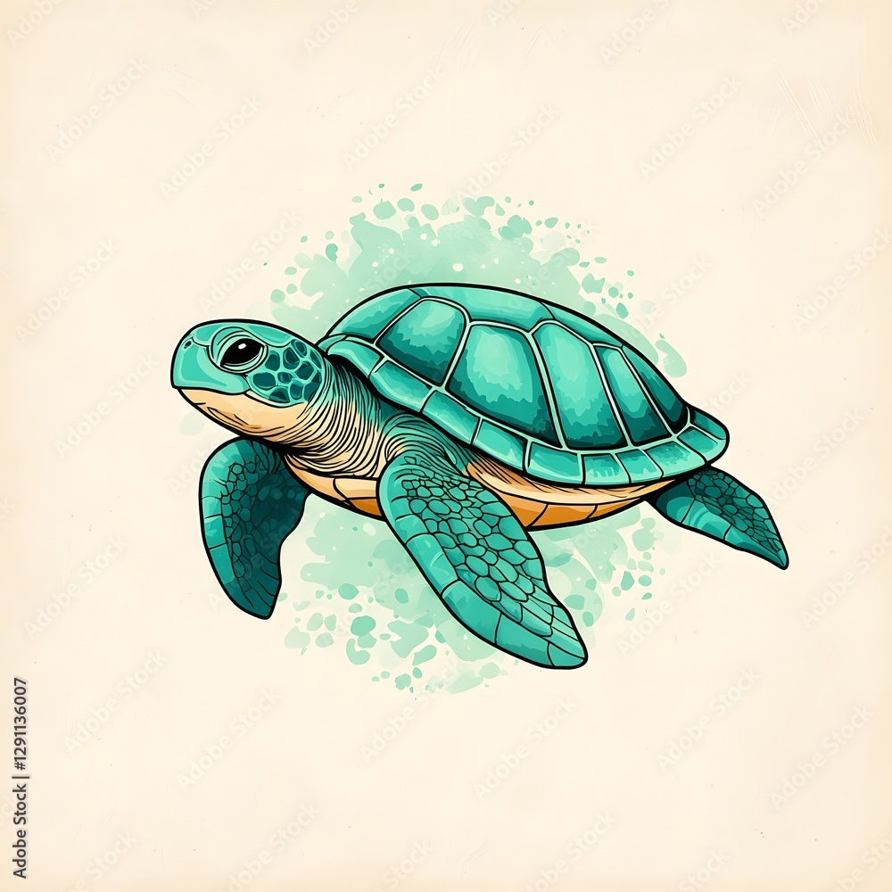 A finely detailed ink depicting a sea turtle swimming gracefully through the ocean with soft fluid shading and a natural serene aesthetic