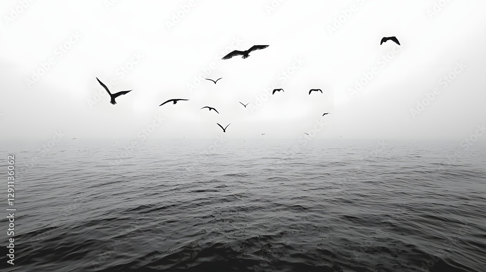A flock of graceful birds soaring effortlessly over the vast serene ocean captured in a minimalist yet detailed ink brushstroke style that evokes a sense of tranquility and elegant movement