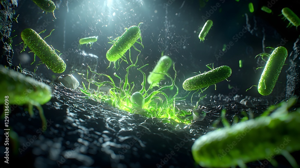 Fototapeta premium A futuristic and representation of a microscopic battle between bacteria and bacteriophages with natural light dramatically illuminating the dynamic fluid