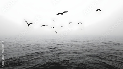 A flock of graceful birds soaring effortlessly over the vast serene ocean captured in a minimalist yet detailed ink brushstroke style that evokes a sense of tranquility and elegant movement