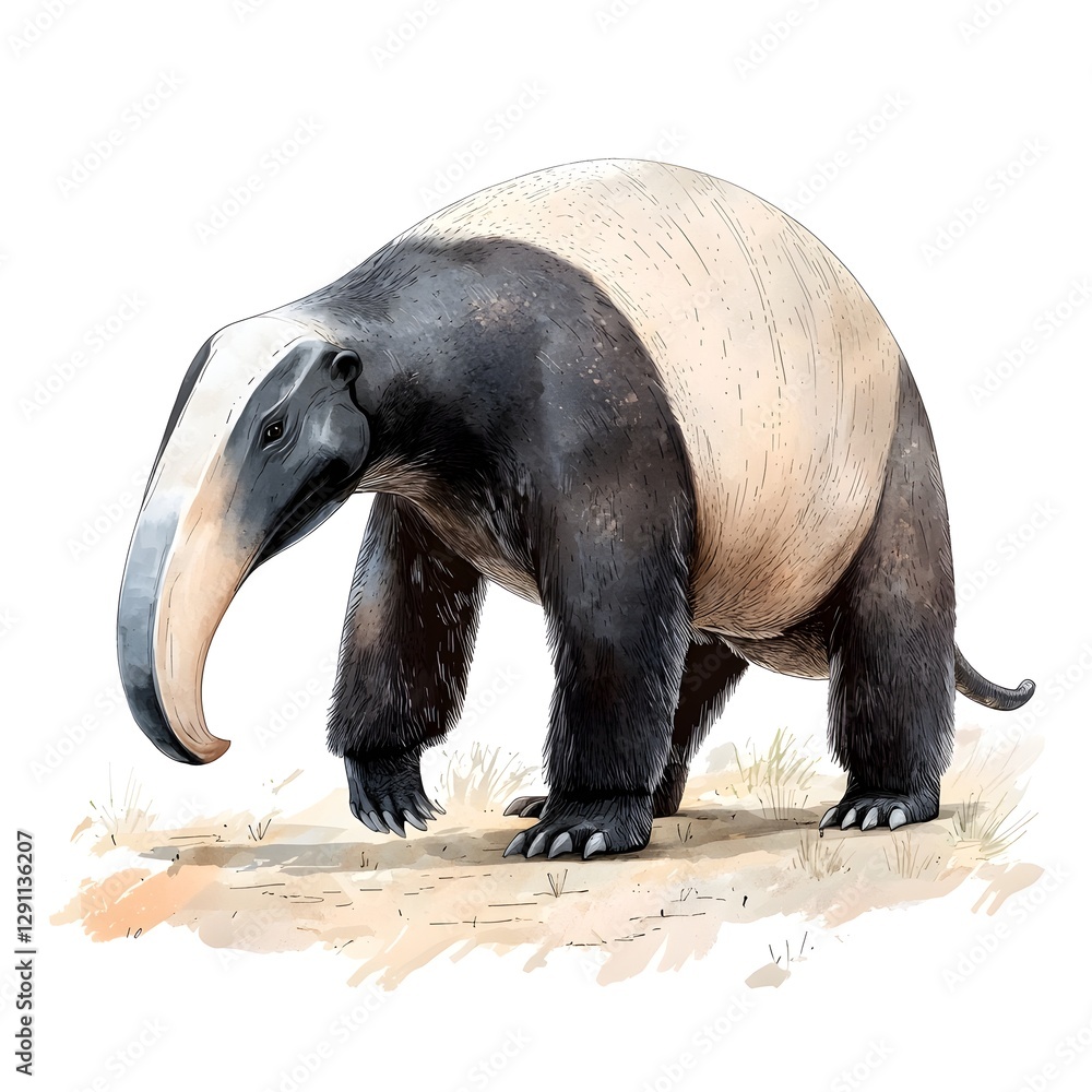 A giant anteater cautiously making its way along a winding jungle path its unique features and textures captured in a using deep ink washes and layered shading for a striking naturalistic effect