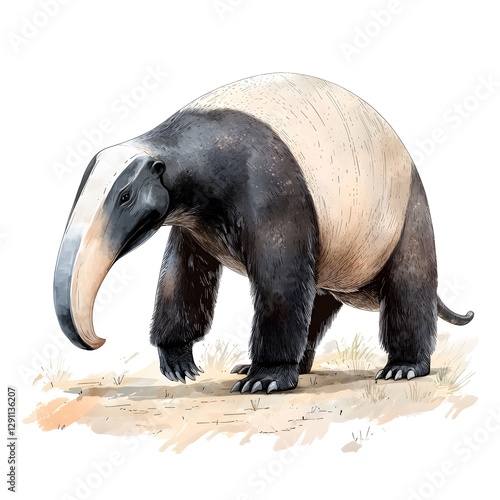 A giant anteater cautiously making its way along a winding jungle path its unique features and textures captured in a using deep ink washes and layered shading for a striking naturalistic effect
