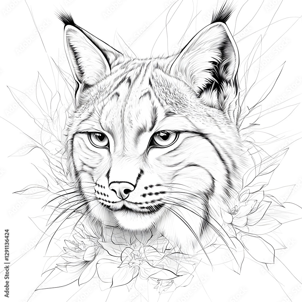 A high contrast pen and ink drawing depicting a lynx stalking through a dense forest its tufted ears alert and fur rendered in intricate detail The predatory feline is shown in a natural