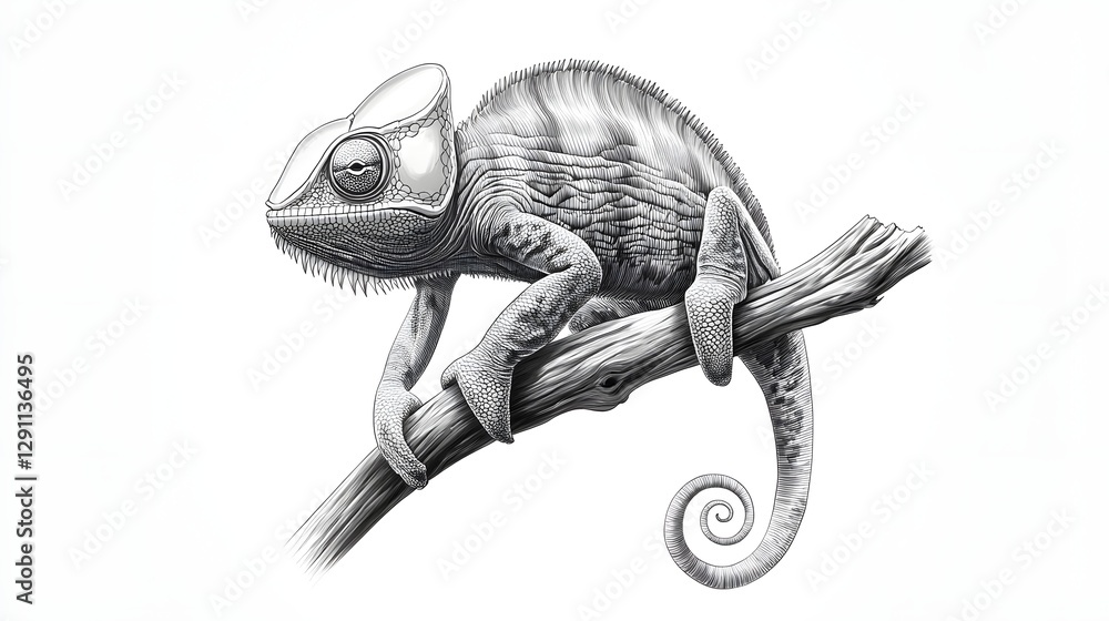 A highly detailed and naturalistic pen and ink depicting a chameleon perched on a tree branch showcasing the reptile s intricate scale patterns and camouflage abilities within its natural environment