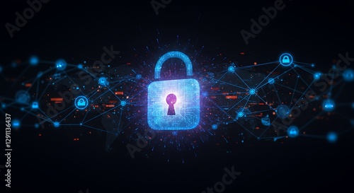 Wallpaper Mural  Abstract digital illustration of cybersecurity, featuring a glowing padlock, data encryption, and futuristic network connections. Torontodigital.ca