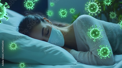 A high tech cyber medical setting featuring a patient lying in a futuristic bed their masked face partially hidden under holographic virus diagnostics and bacteria models