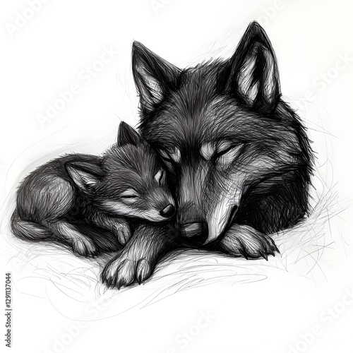 Obraz na płótnie A highly detailed pencil sketch depicting a mother wolf tenderly nuzzling and comforting her young cub showcasing the texture of their fur and the intimate bond between the two animals w salonie
