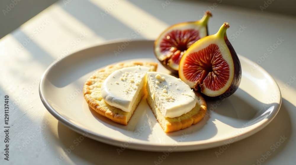 Sunlit Round Crackers Topped with Creamy Spread and Sliced Figs on a Plate Sunlit Round Crackers Topped with Creamy Spread and Sliced Figs on a Plate