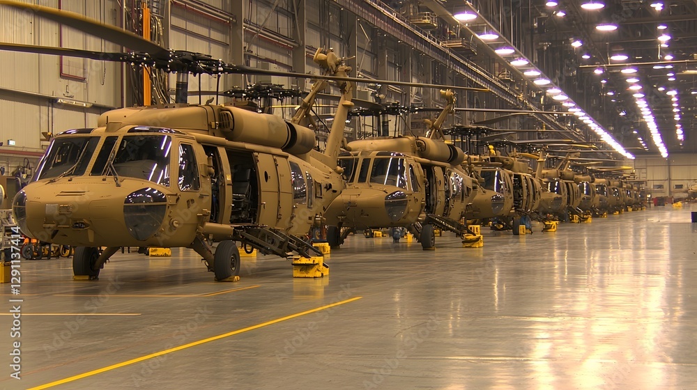 A line of advanced combat helicopters parked inside a vast military hangar showcasing sophisticated engineering with exposed steel beams powerful industrial lighting