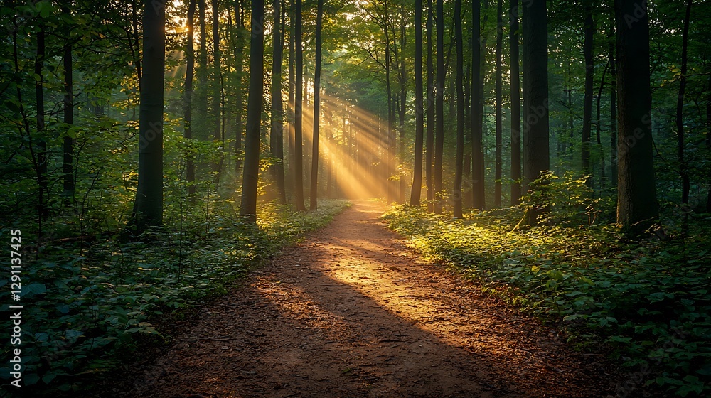Fototapeta premium Sunbeams path through misty forest