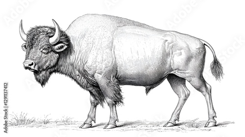 Obraz na płótnie A majestic bison standing tall and proud in a vast open prairie rendered in a classic Western engraving style with intricate details and a timeless vintage aesthetic w salonie