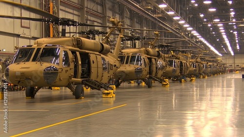 Obraz na płótnie A line of advanced combat helicopters parked inside a vast military hangar showcasing sophisticated engineering with exposed steel beams powerful industrial lighting w salonie