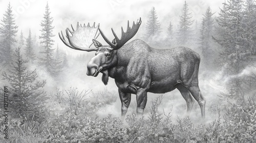 Obraz na płótnie A majestic moose stands tall and proud in a misty forested landscape its intricately detailed antlers silhouetted against the foggy backdrop w salonie