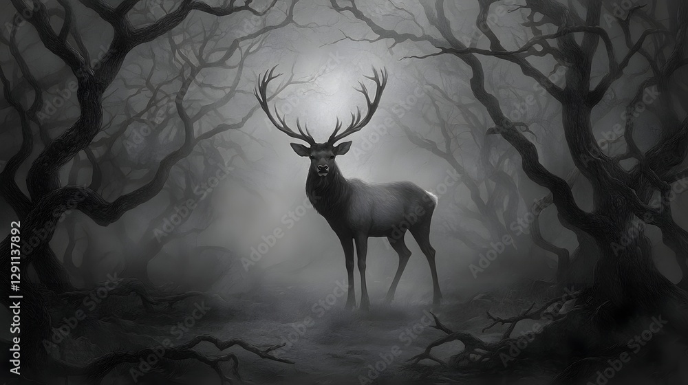 A majestic stag with intricate antlers stands tall and proud in the midst of a dense ethereal forest captured in a classic ink engraving style that evokes a sense of timeless mystery and power
