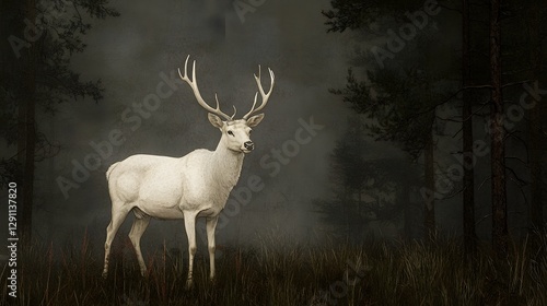 Obraz na płótnie A majestic stag with impressive antlers stands tall and proud in a dense atmospheric forest captured in a classic ink engraving with intricate details w salonie