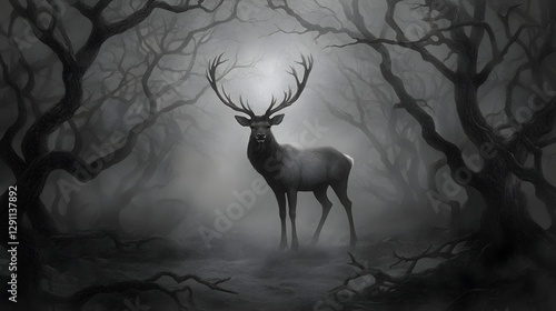 Obraz na płótnie A majestic stag with intricate antlers stands tall and proud in the midst of a dense ethereal forest captured in a classic ink engraving style that evokes a sense of timeless mystery and power w salonie