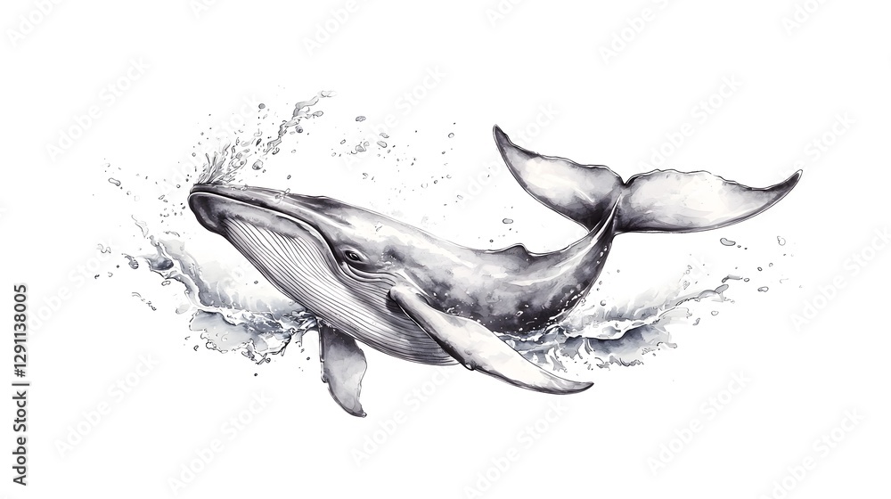 A majestic whale breaching the dramatic ocean surface captured in a striking high contrast ink line art style with dynamic wave textures and a sense of powerful movement and energy