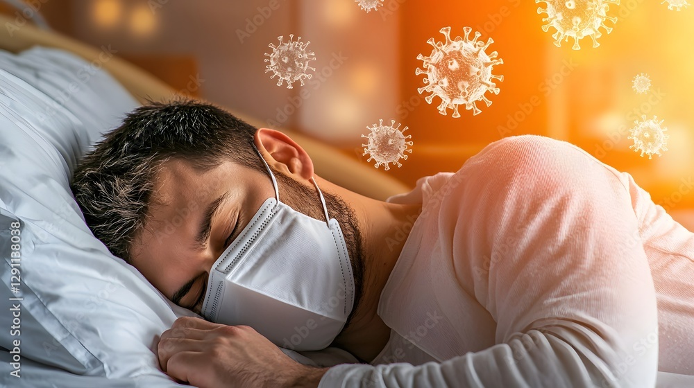 A man lying in a hospital bed his face illuminated by the warm golden glow of the setting sun as virus particles float in the air around him